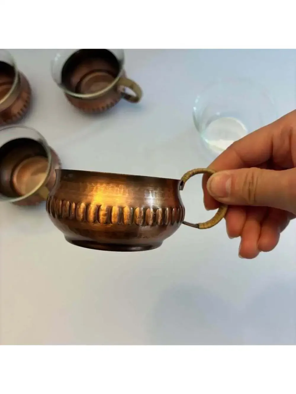 Vintage Set 4 Copper Glass Punch Cups Rattan Wrapped Handles Mid Century MCM
